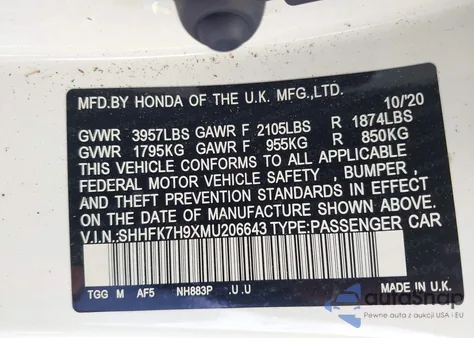 2021 Honda Civic Sport Touring z USA, uszkodzony, nr VIN SHHFK7H9XMU206643